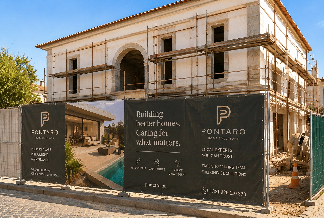 Pontaro Home Solutions branded site fence in front of an active renovation project in Portugal